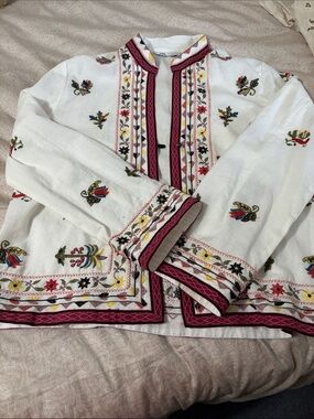 Zara White Embroidered Jacket with Pink Trim